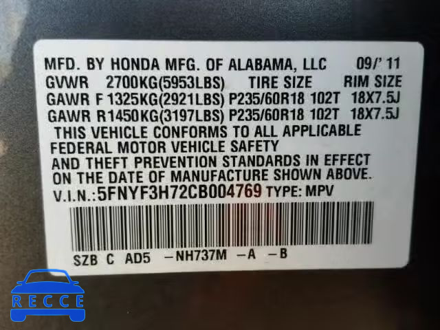 2012 HONDA PILOT EXLN 5FNYF3H72CB004769 image 9