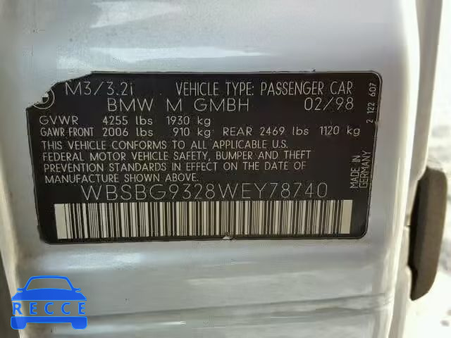 1998 BMW M3 WBSBG9328WEY78740 image 9