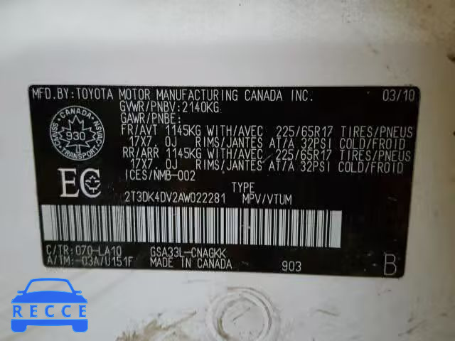 2010 TOYOTA RAV4 LTD 2T3DK4DV2AW022281 image 9