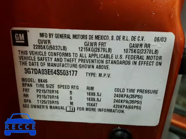 2004 PONTIAC AZTEK 3G7DA03E64S503177 image 9