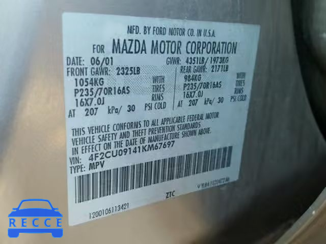 2001 MAZDA TRIBUTE LX 4F2CU09141KM67697 зображення 9