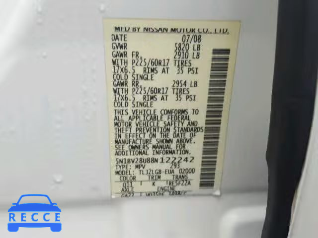 2008 NISSAN QUEST S/SE 5N1BV28U88N122242 image 9