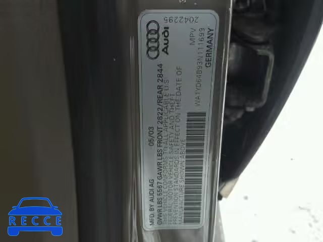 2003 AUDI ALLROAD WA1YD64B93N111699 зображення 9