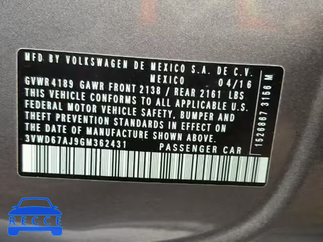 2016 VOLKSWAGEN JETTA SE 3VWD67AJ9GM362431 image 9