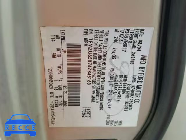 2004 FORD EXPLORER L 1FMZU65K74ZB45168 image 9