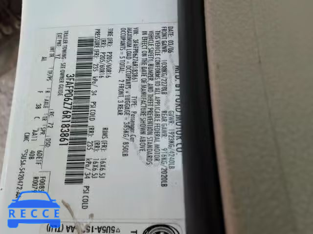 2006 FORD FUSION S 3FAFP06Z76R183861 image 9