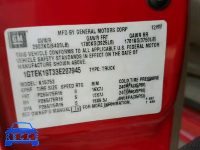 2003 GMC SIERRA K15 1GTEK19T33E207945 image 9