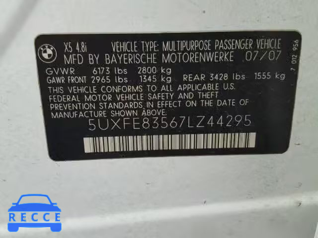 2007 BMW X5 4.8I 5UXFE83567LZ44295 image 9