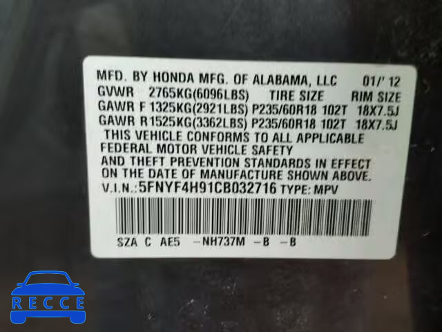 2012 HONDA PILOT TOUR 5FNYF4H91CB032716 image 9