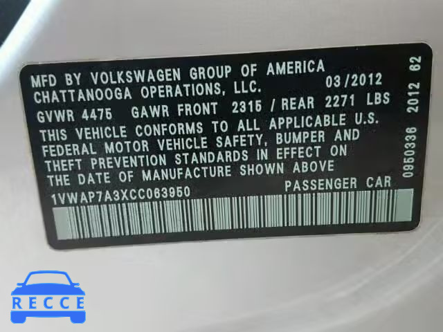 2012 VOLKSWAGEN PASSAT S 1VWAP7A3XCC063950 Bild 9