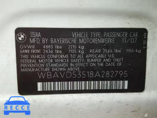 2008 BMW 335XI WBAVD53518A282795 зображення 9