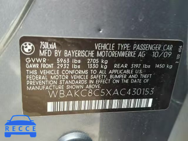 2010 BMW 750LI XDRI WBAKC8C5XAC430153 image 9