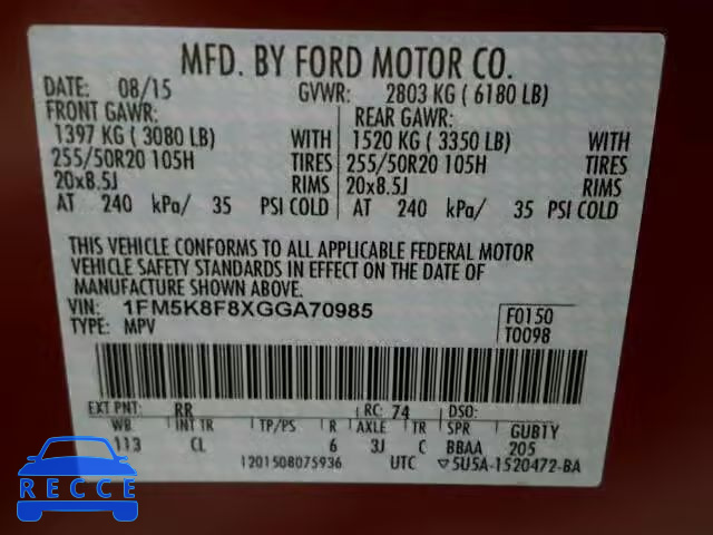 2016 FORD EXPLORER L 1FM5K8F8XGGA70985 image 9