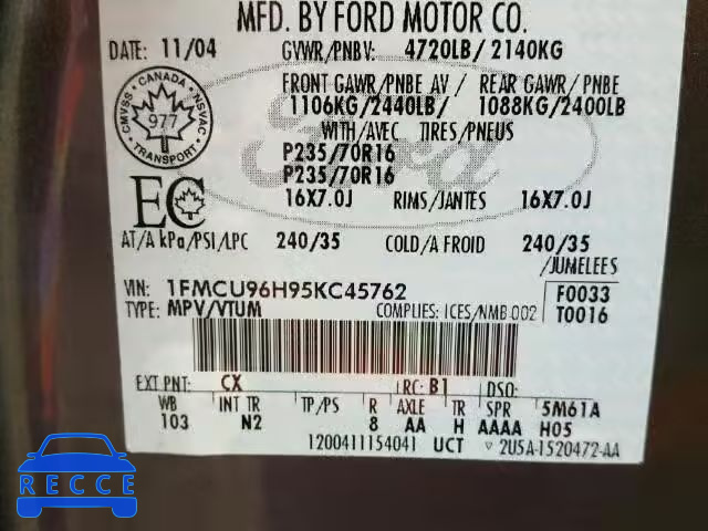 2005 FORD ESCAPE HEV 1FMCU96H95KC45762 зображення 9