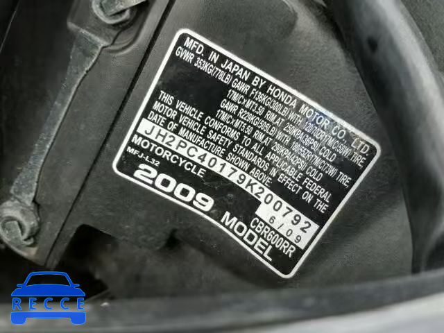 2009 HONDA CBR600RR JH2PC40179K200792 image 9