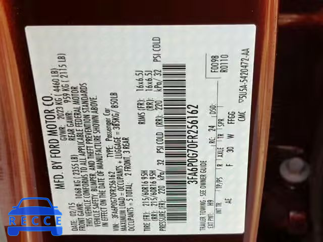 2015 FORD FUSION S 3FA6P0G70FR256162 image 9