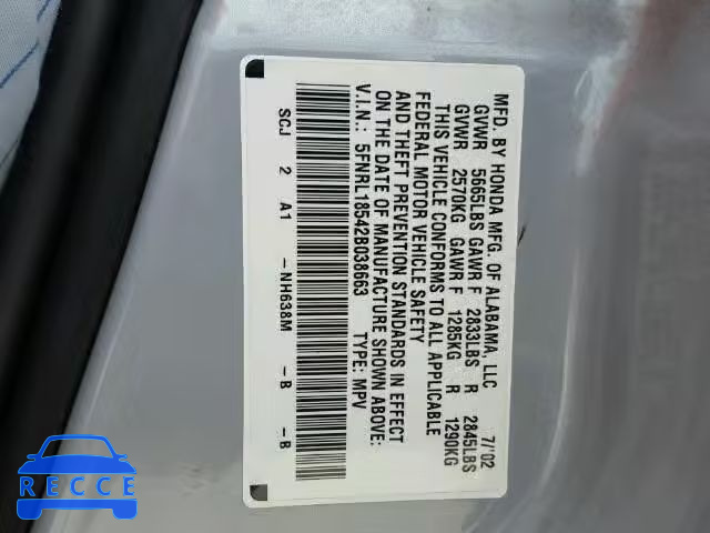 2002 HONDA ODYSSEY LX 5FNRL18542B038663 Bild 9