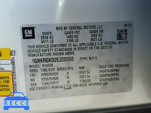 2014 CHEVROLET TRAVERSE L 1GNKRGKD2EJ205593 image 9