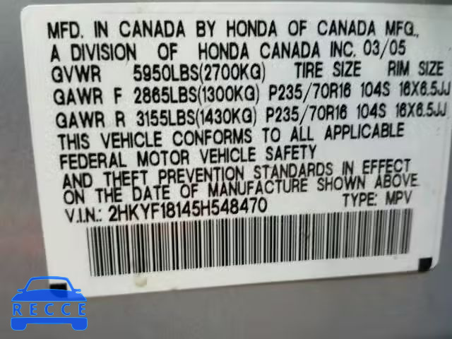 2005 HONDA PILOT LX 2HKYF18145H548470 image 9