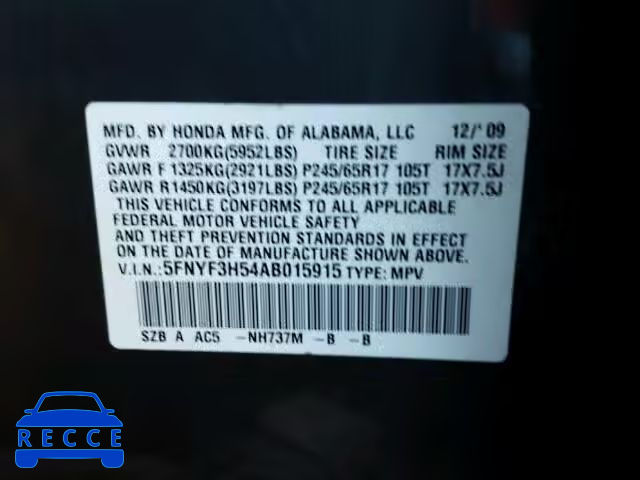 2010 HONDA PILOT EXL 5FNYF3H54AB015915 image 9