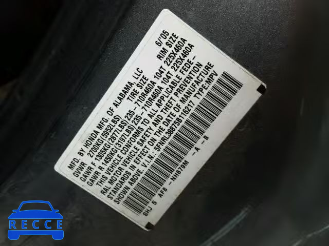 2005 HONDA ODYSSEY TO 5FNRL38875B116217 image 9