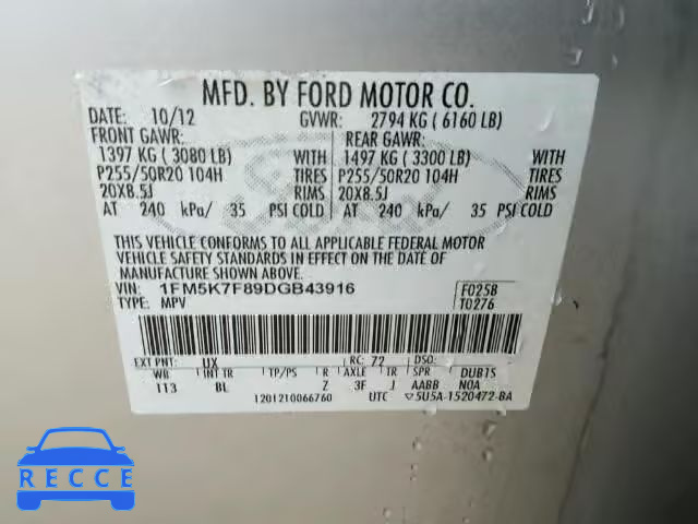 2013 FORD EXPLORER L 1FM5K7F89DGB43916 image 9