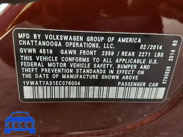 2014 VOLKSWAGEN PASSAT S 1VWAT7A31EC076004 image 9