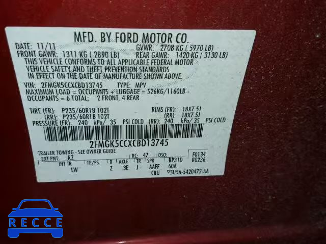 2012 FORD FLEX SEL 2FMGK5CCXCBD13745 зображення 9