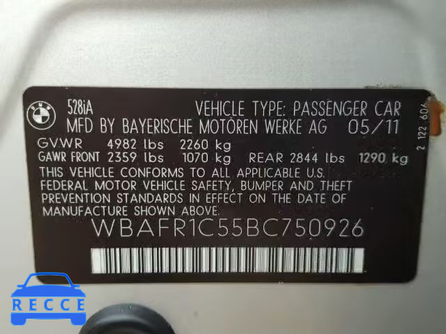 2011 BMW 528I WBAFR1C55BC750926 image 9