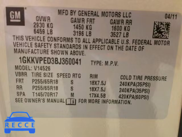 2011 GMC ACADIA SLE 1GKKVPED3BJ360041 image 9