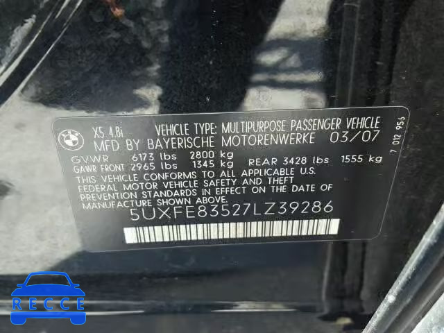 2007 BMW X5 4.8I 5UXFE83527LZ39286 image 9