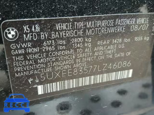 2007 BMW X5 4.8I 5UXFE83577LZ46086 image 9