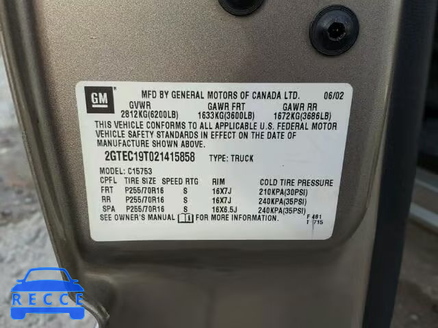 2002 GMC SIERRA C15 2GTEC19T021415858 Bild 9