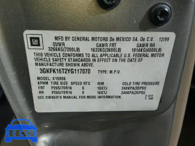 2000 GMC YUKON XL K 3GKFK16T2YG117070 image 9