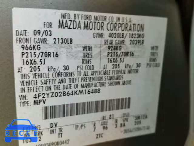 2004 MAZDA TRIBUTE DX 4F2YZ02B64KM16488 image 9