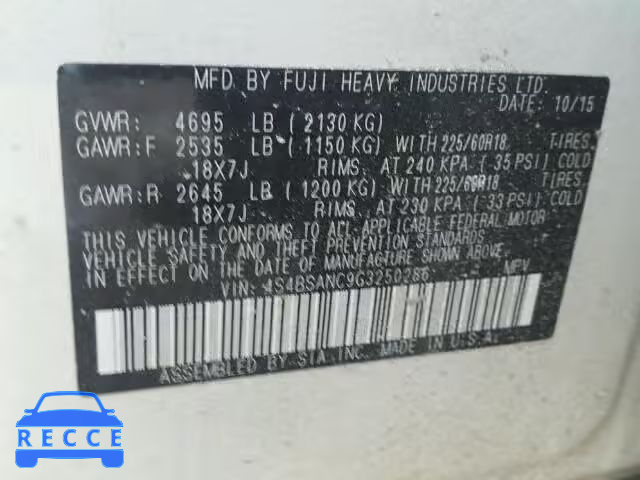 2016 SUBARU OUTBACK 2. 4S4BSANC9G3250286 зображення 9