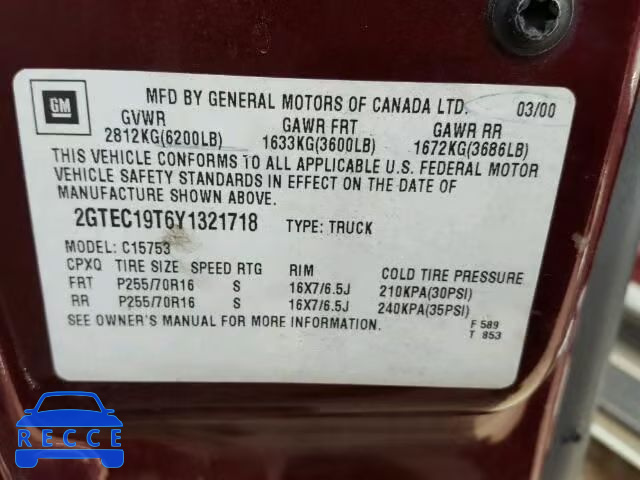 2000 GMC SIERRA C15 2GTEC19T6Y1321718 image 9