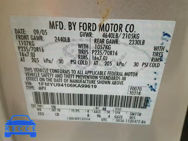 2006 FORD ESCAPE LIM 1FMYU94106KA99619 image 9