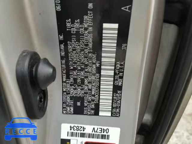 2007 TOYOTA SIENNA XLE 5TDZK22C77S078108 image 9