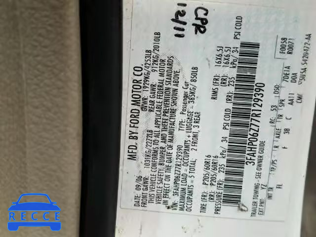 2007 FORD FUSION S 3FAHP06Z77R129390 image 9