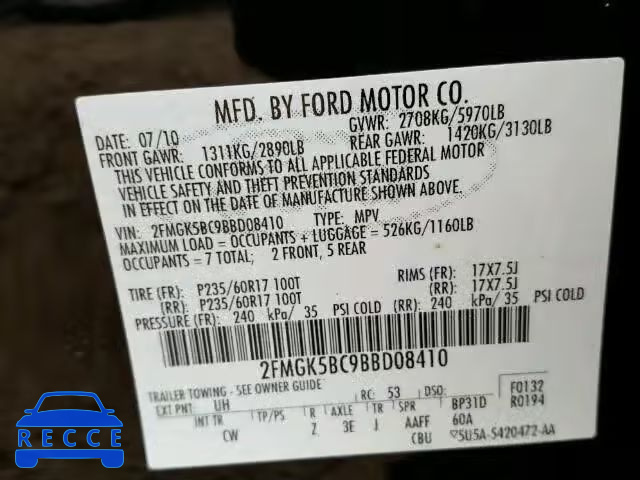 2011 FORD FLEX SE 2FMGK5BC9BBD08410 image 9