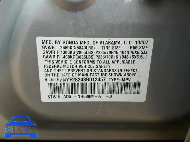 2008 HONDA PILOT VP 5FNYF28248B012457 image 9