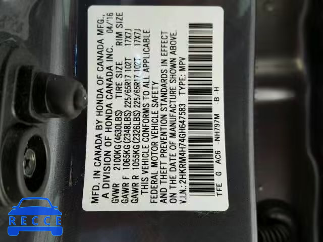 2016 HONDA CR-V EX-L 2HKRM4H74GH647583 image 9