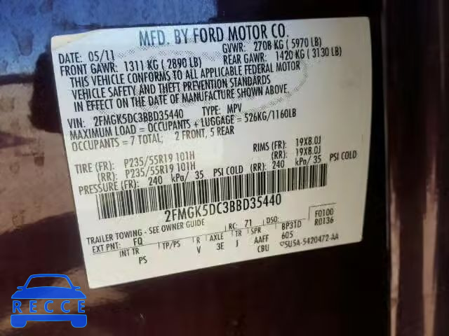 2011 FORD FLEX LIMIT 2FMGK5DC3BBD35440 зображення 9