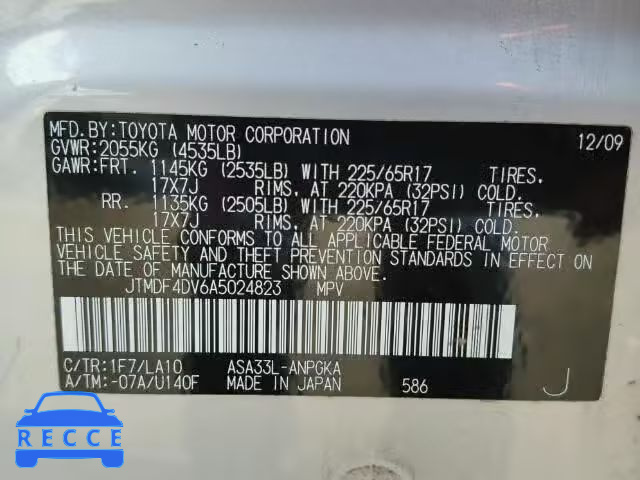 2010 TOYOTA RAV4 LTD JTMDF4DV6A5024823 image 9
