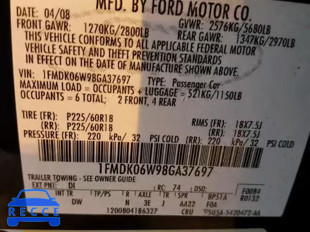 2008 FORD TAURUS X L 1FMDK06W98GA37697 зображення 9