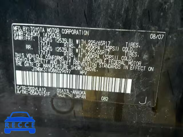 2008 TOYOTA RAV4 LTD JTMBK31V086029697 image 9