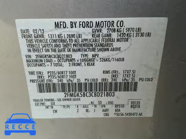 2012 FORD FLEX SE 2FMGK5BC3CBD21803 зображення 9