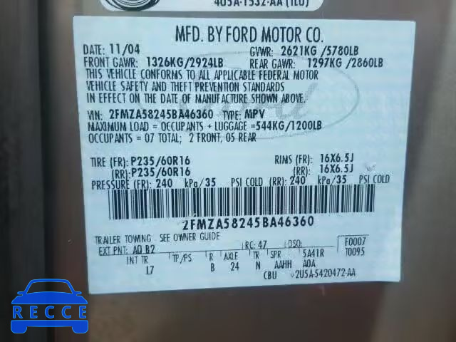 2005 FORD FREESTAR L 2FMZA58245BA46360 image 9