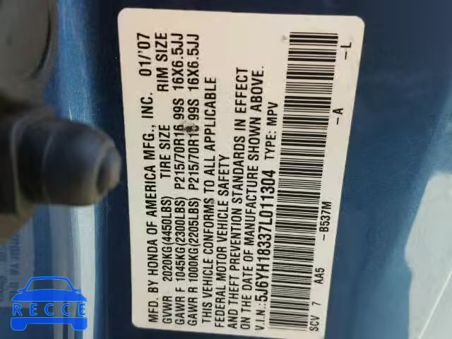 2007 HONDA ELEMENT LX 5J6YH18337L011304 image 9